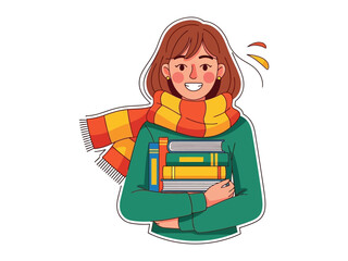 Fototapeta premium Cozy Reader in Autumn: A young woman, warmly adorned with a scarf, cradles a stack of books, embodying the comfort and intellectual joy of the season.