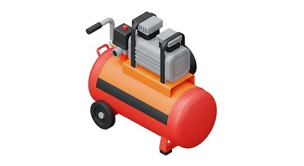 Fototapeta premium Isometric Red and Orange Air Compressor with Black Wheels and Gray Tanks