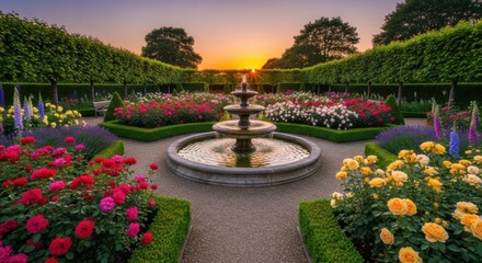 Obraz premium Sunset Garden with Fountain and Blooming Flowers in Formal Landscape Setting