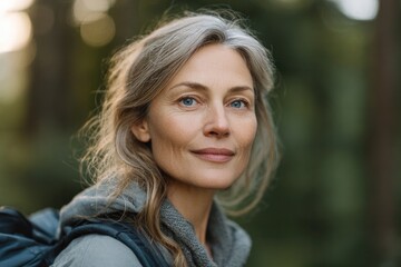 Naklejka premium Confident woman in forest showcases natural beauty and peaceful