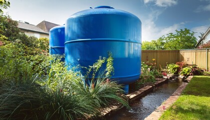 a large blue water tank sits in a yard surrounded by plants and a small stream of water