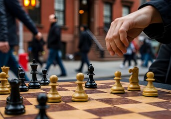 Close-up of a hand moving a chess piece on an outdoor board with blurred city street life in the background.