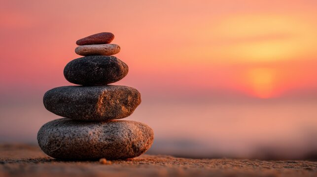 Close-up of balanced zen stones silhouetted against a glowing horizon, soft orange and pink hues filling the sunset sky, evoking tranquility.