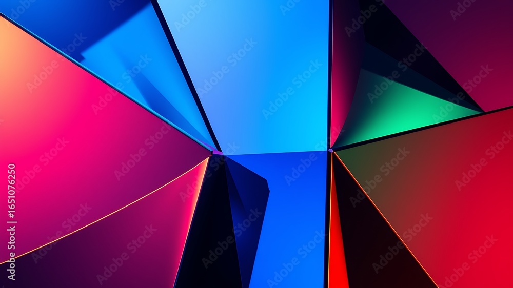 Poster illustration of abstract geometric shapes create a vibrant, colorful background with sharp edges and