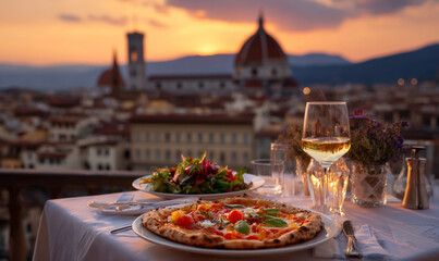 Romantic italian dinner with pizza and wine overlooking florence at sunset