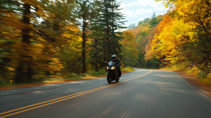 Motorcycle riding on a road surrounded by autumn trees in the daytime