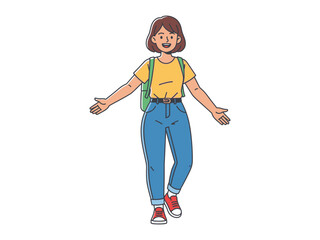 Embracing Adventure: A cheerful girl, donned in comfortable attire and a backpack, extending her arms with an open, welcoming gesture.