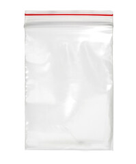 Realistic transparent empty plastic bag with red zipper isolated on transparent background