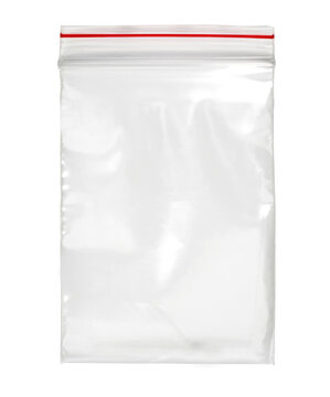 Realistic transparent empty plastic bag with red zipper isolated on transparent background