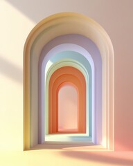 Fototapeta premium Pastel Archways; Sunlight; Empty Corridor; Interior Design