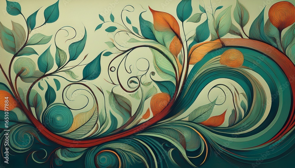 Poster abstract leafy vine with swirling patterns representing the growth and intertwining of plants simple