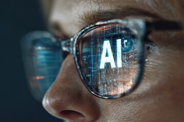Woman using artificial intelligence technology working at Computer Display with glasses reflection of digital screen. Close-up of AI designer wearing eyeglasses. Text and icons reflecting on lenses
