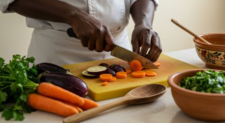 Chef preparing organic food in kitchen, focus on colorful vegetables, culinary art, World Food Day theme
