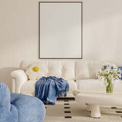 Living room interior with vertical wall frame mockup, cozy white sofa, blue lounge chair, coffee table with vase and indoor plant