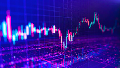 Fototapeta premium Glowing digital stock market candlestick chart in neon colors representing financial data, trading trends, cryptocurrency analysis, and futuristic investment technology visualization