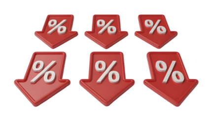 Six red downward arrows with percentage signs on a black background suggesting price reduction