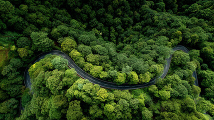 Aerial view of a winding road cutting through a dense green forest area