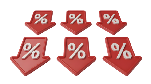 Six red downward arrows with percentage signs on a black background suggesting price reduction