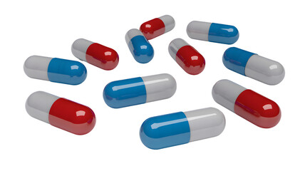 Scattered capsules in red and blue colors on a black background in a studio shot close up view