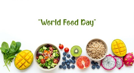 Flat lay of healthy meal with salad, fruits, and grains on white background, minimal World Food Day design