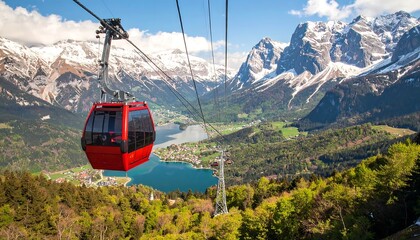 Mountain cable car above alpine lake and valley