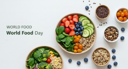 Flat lay of healthy meal with salad, fruits, and grains on white background, minimal World Food Day design