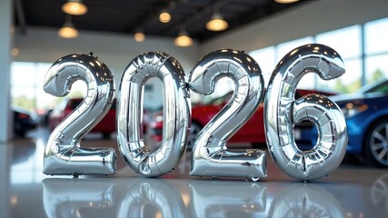 Big silver letters “2026” on a blurry background of a car dealership. Generated AI