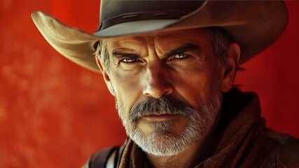 Grizzled Cowboy Portrait with Red Background. - Powered by Adobe