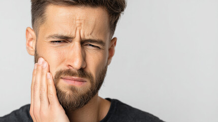 Man with beard holding his face looking in pain on a white background