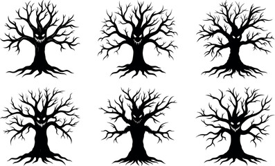 Spooky Silhouette Trees with Faces for Halloween or Horror Designs