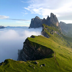 Majestic mountain ridge above clouds