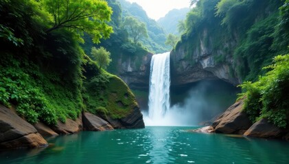 Fototapeta premium Majestic Mok Fah Waterfall cascading down lush green rocks , refreshing, cascade, water