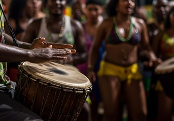 Musician's Hands Playing a Traditional Djembe Drum During a Festival