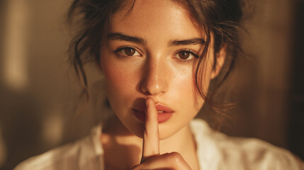 Portrait of a woman with finger on lips in a soft light setting indoors