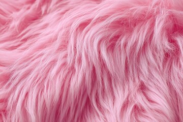 Fototapeta premium Pink fur background. Surface wool texture. Copy space for text. Textured pale furry coat closeup. Abstract pattern. Animal hair wallpaper. Shiny faux fluffy backdrop. Furry ground. Sheepskin rug