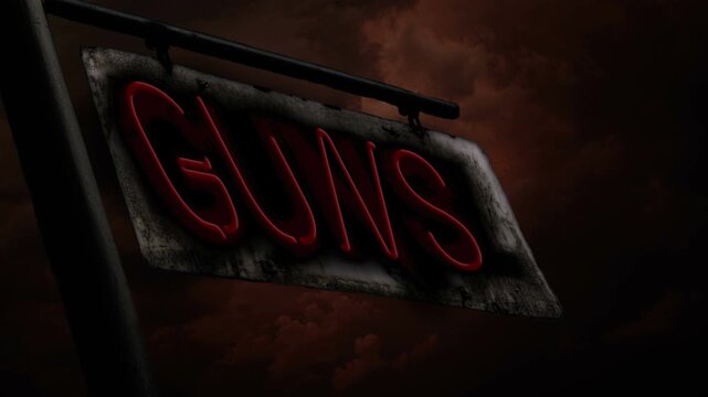 Animation of a flickering neon lights spelling out Guns on an old rusted road sign.