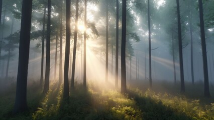 Obraz premium Misty forest sunrise with sun rays