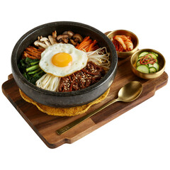 Stone Bowl Bibimbap with Side Dishes and Spoon Delicious Food Clip Art, Premium quality Food presentation, healthy Food stock photo
