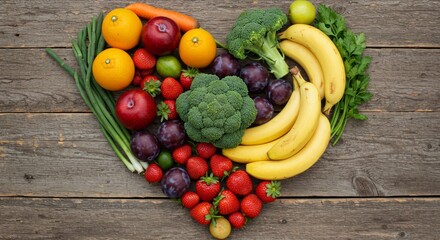 Heart-shaped arrangement of fresh vegetables and fruits on rustic background, healthy eating, World Food Day