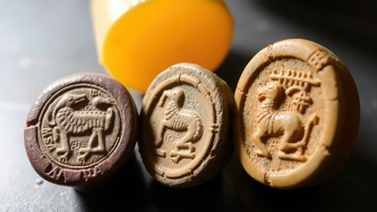 Close up of three ancient seals depicting animals and symbols on a dark surface with yellow object