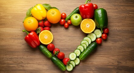 Heart-shaped arrangement of fresh vegetables and fruits on rustic background, healthy eating, World Food Day