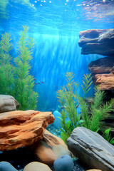 A serene underwater landscape showcasing vibrant plants and rocks under calm blue water.
