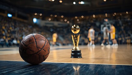 A basketball and trophy on a court with players in the background