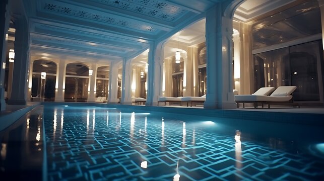 Heated indoor pool inside luxury home, mosaic tile work in progress, floor lighting systems visible and partially wired, serene and elegant composition.