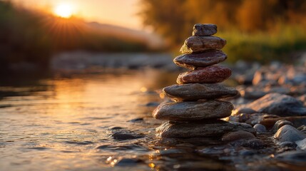 Obraz premium Stacked stones by a gentle river, illuminated by golden hour sunset rays, water glistening around them, capturing the essence of inner peace.