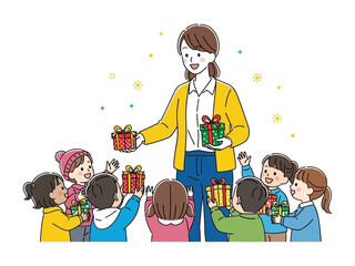Sharing Gifts: A compassionate teacher cheerfully shares wrapped presents with a group of delighted students in a beautifully drawn illustration. Conveying warmth, generosity.