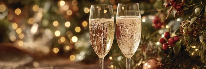 Celebratory glasses of sparkling drink amidst festive holiday decorations in a warm setting