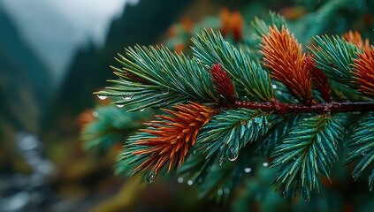 Close-up of wet pine branch
