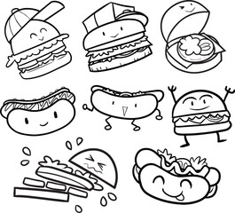 Cute hamburger and hotdog cartoon in black and white outline collection, with many expressions