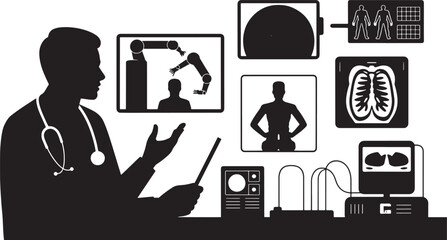 Vector Illustration of Medical Consultation, Diagnosis, and Advanced Healthcare Technology